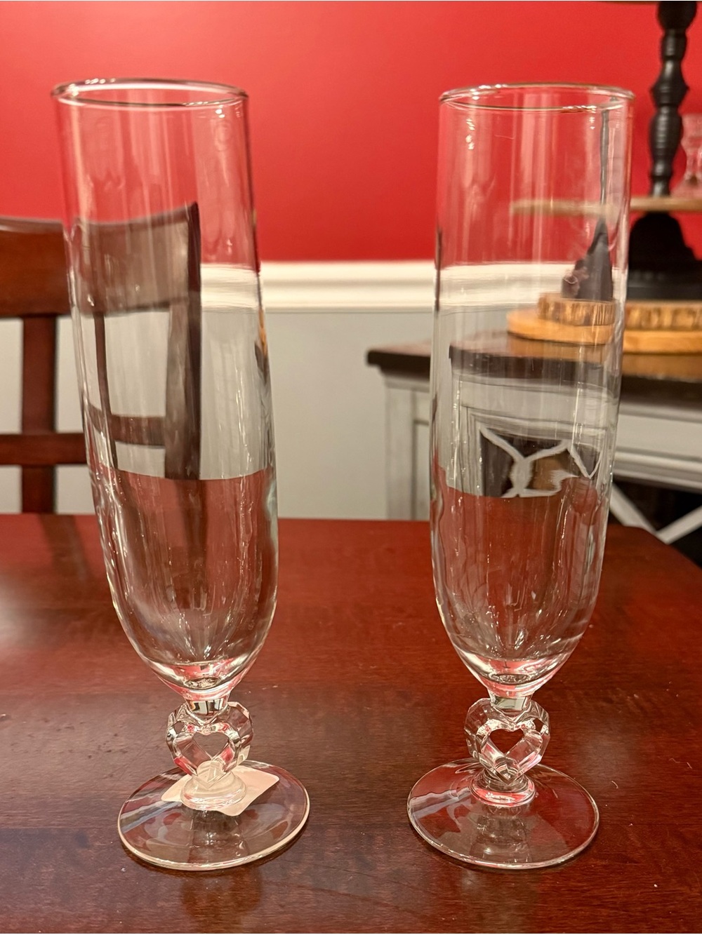 Set of 2 Libbey Glass Romance Champagne Flutes 9" cut glass heart shaped stem 06